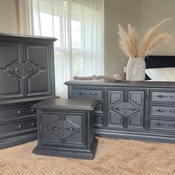 Bedroom set with triple dresser, tall dresser, and nightstand. Beautifully hand painted in black and sealed.
