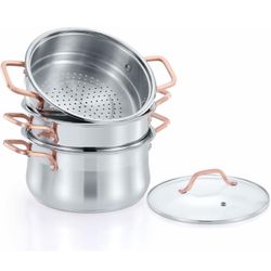 CONCORD Premium Stainless Steel 3 Tier Steamer w/Rose Gold Handles 34 cm
