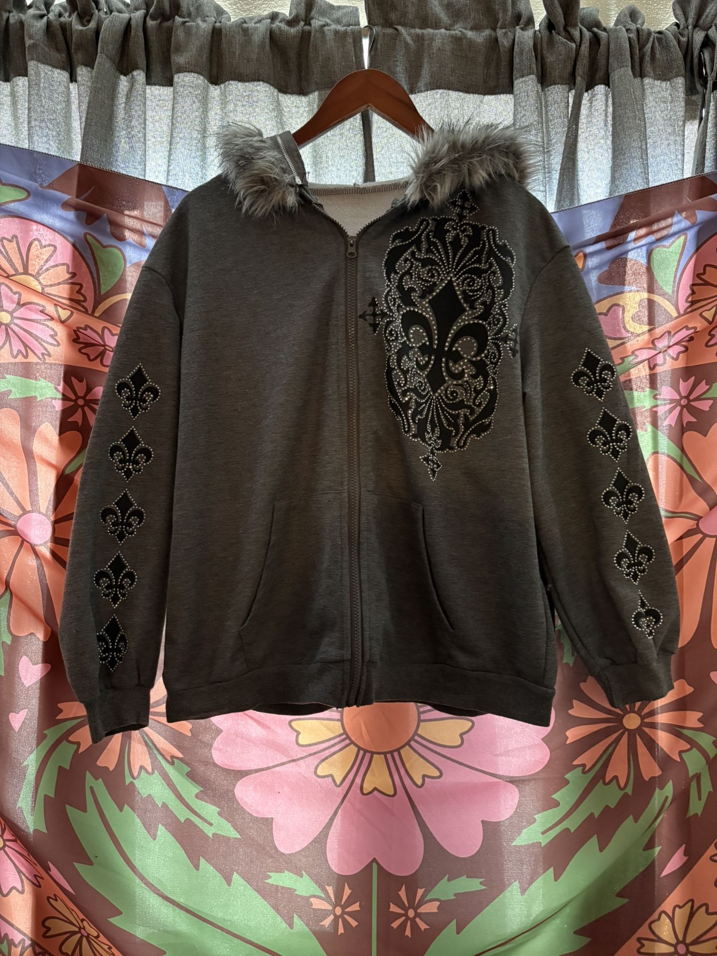Rhinestone Gray Zip Up Fur Hoodie 