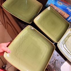 Set of Olive Green Square Dinner Plates - Embossed Leaf Design 5 As One Set