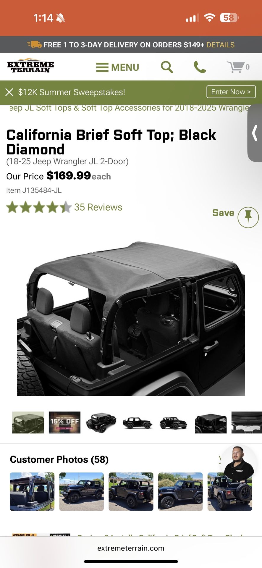California Brief Soft Top; Black Diamond (18-25 Jeep Wrangler JL 2-Door)