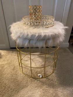 Gold Wire Cage Accent Table with Faux Fur Top & Crystal Decor Trays