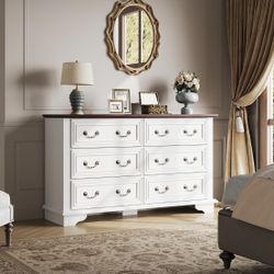  Farmhouse Dresser for Bedroom, 51.97'' Wide Wood White Dresser with 6 Drawer, Chest of Drawers with Roman Metal Handle