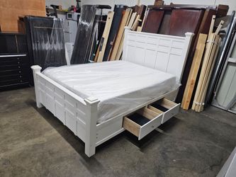 Queen white  bed  frame and mattress with 4 drawers