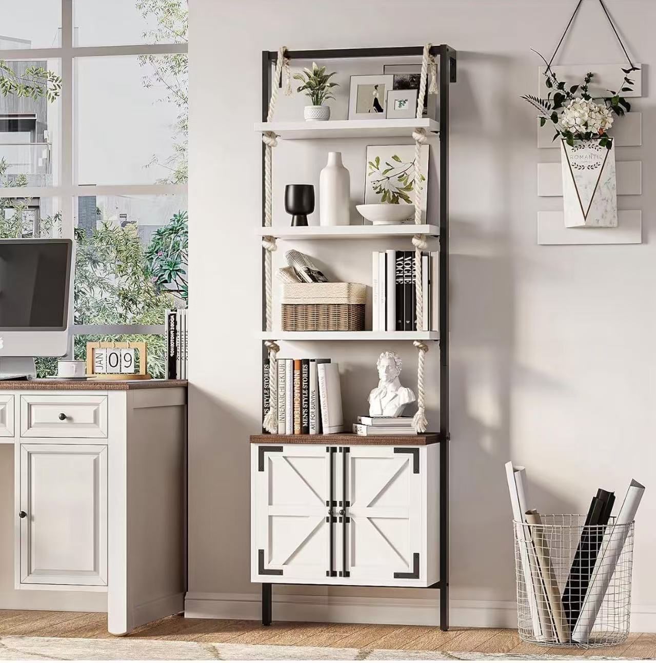 Farmhouse Bookshelf with Storage,71" Tall Industrial Bookcase with Shelves and Cabinet,5 Tier,Wall Mounted Ladder Shelf with Display Rack for Bedroom,