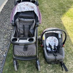 Graco stroller and carseat. Snug ride 30, Verb click connect travel system. Black and purple.