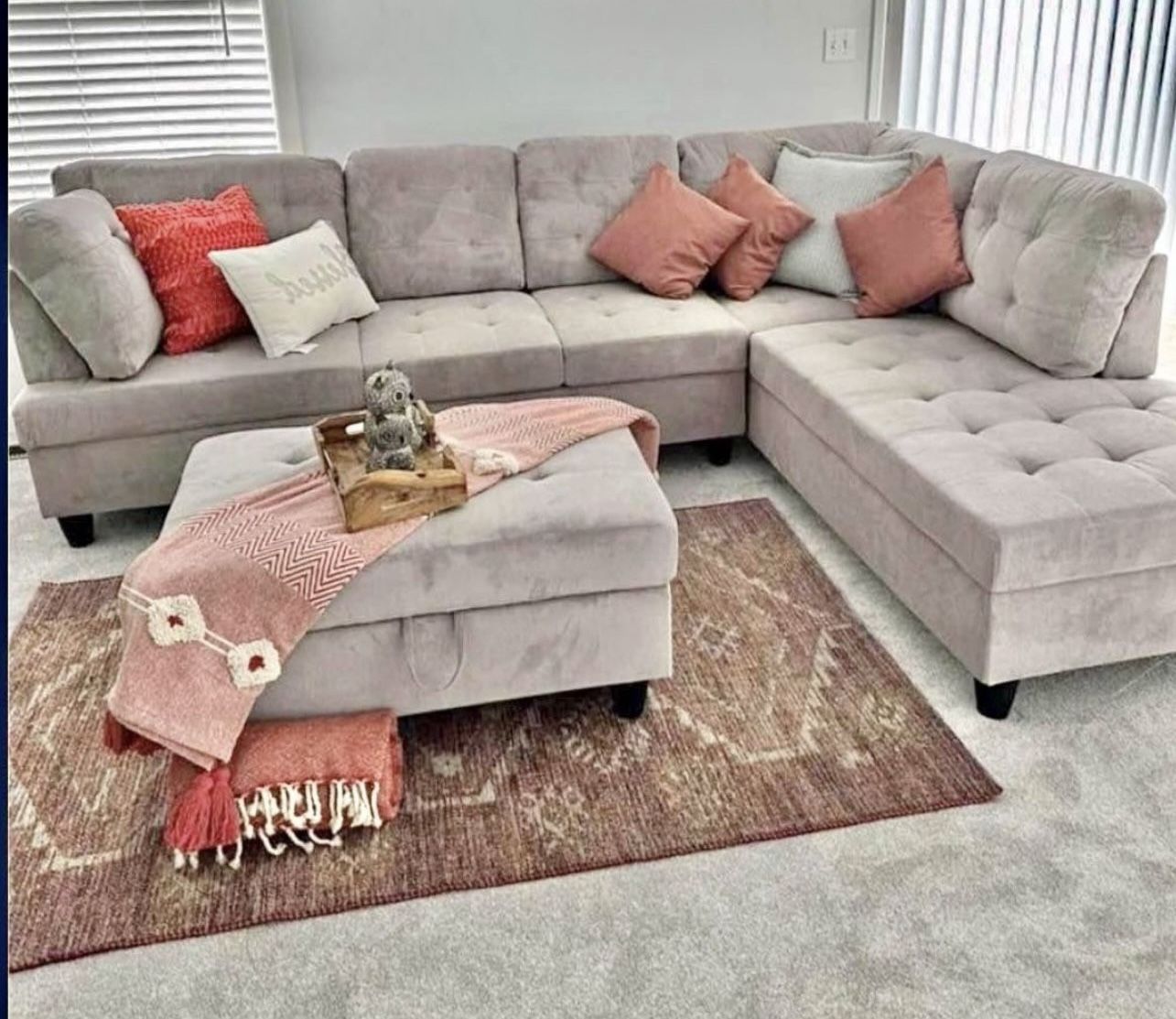 COSTCO Gray Chenille Sectional Couch And Ottoman