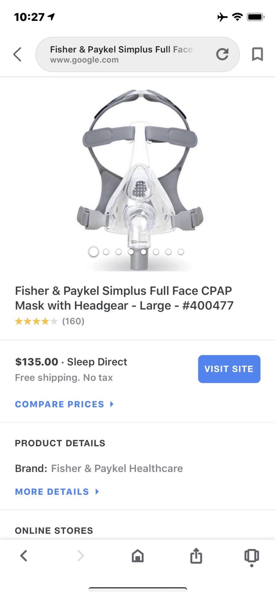 Fisher & Paykel Simplus Full Face CPAP Mask with Headgear #400477 Large