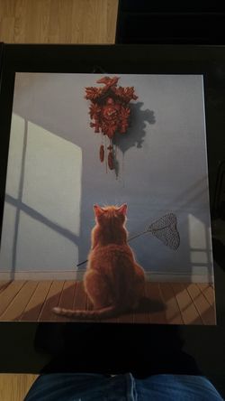 Cat and clock canvas painting