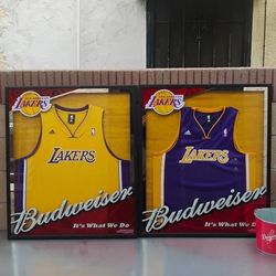 BUDWEISER / LA LAKERS JERSEY'S FRAME. ( ALSO PLENTY OF NEON SIGNS / LIGHTS AVAILABLE FOR SALE ) DODGERS & ANGELS BOBBLEHEADS AVAILABLE. TAP HANDLES .