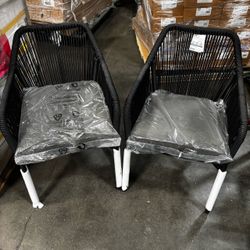 Black Woven Two-Piece Club Chair Set Coordinating Gray Cushions, All Weather Resistant Materials