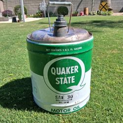 Vintage Quaker State 5 Gallon Motor Oil Can 1966  Garage Service Station Oil  Can. Marked S.A.E. 30w....asking ONLY $60.00