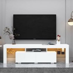 Modern 20-colors LED White TV stand with 2-storage drawers fits TV up to 70”