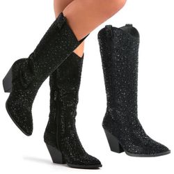 Black Blingy Rhinestone Knee High Cowboy Cowgirl Boots Size: 10 New