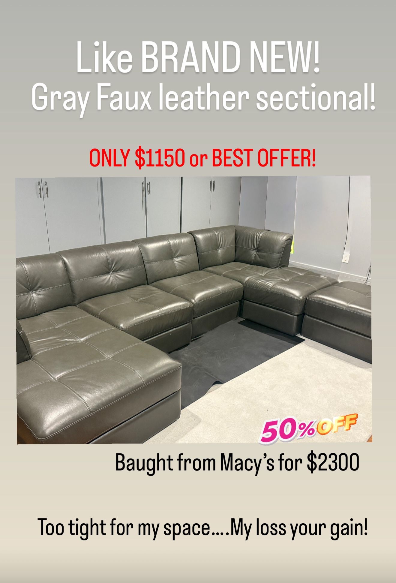 Like BRAND NEW!! - Gray leather couch sofa sectional From Macys