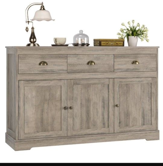 Homfa Sideboard Storage Cabinet with 3 Drawers & 3 Doors, 53.54” Wide Buffet Cabinet for Dining Room, Gray