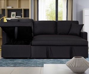 82"W Black Linen Fabric Reversible Sleeper Sectional Sofa with Storage Chaise