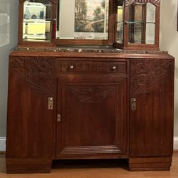 Late 1800’s French Antique Hand Carved Red Oak Sideboard, Marble Top, 2glass Cabinets With Shelves, Beautiful Mirror 