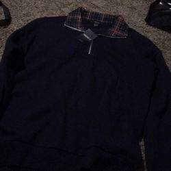Navy Blue Half Zip With Plaid Collar