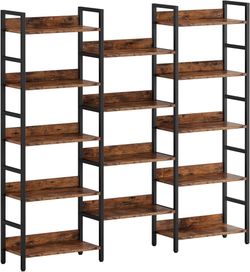 O526 $120 Bookcases and Bookshelves Triple Wide 5 Tiers Industrial Bookshelf with Baffles Large Etagere Bookshelf with Metal Frame for Living Room H