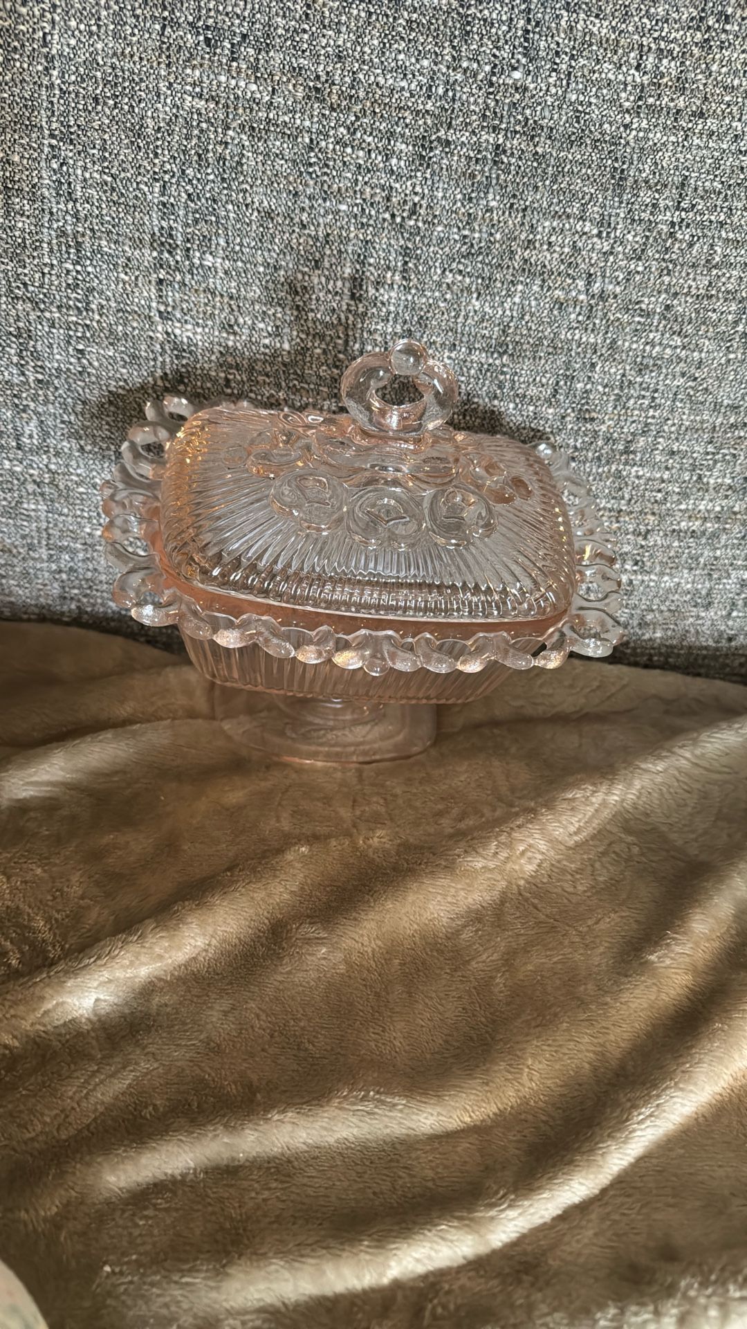 Vintage Indiana Glass Pink Open Lace Edge Pedestal Candy Box Dish with Lid