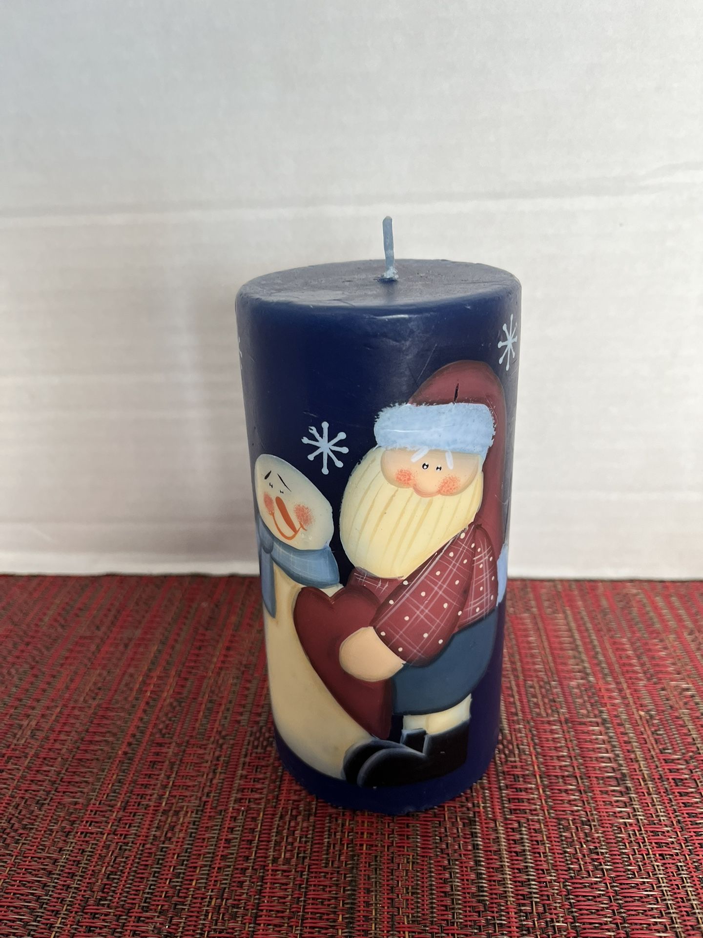 NEW 6" x 3" Wax Pillar Candle with Santa & Snowman with Snowflakes