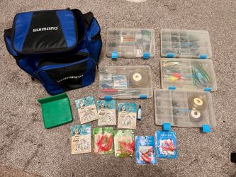 Shimano tackle bag, boxes, lures, weights