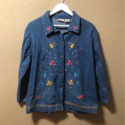 Vintage Denim Jacket With Flowers Embroidery, Size L