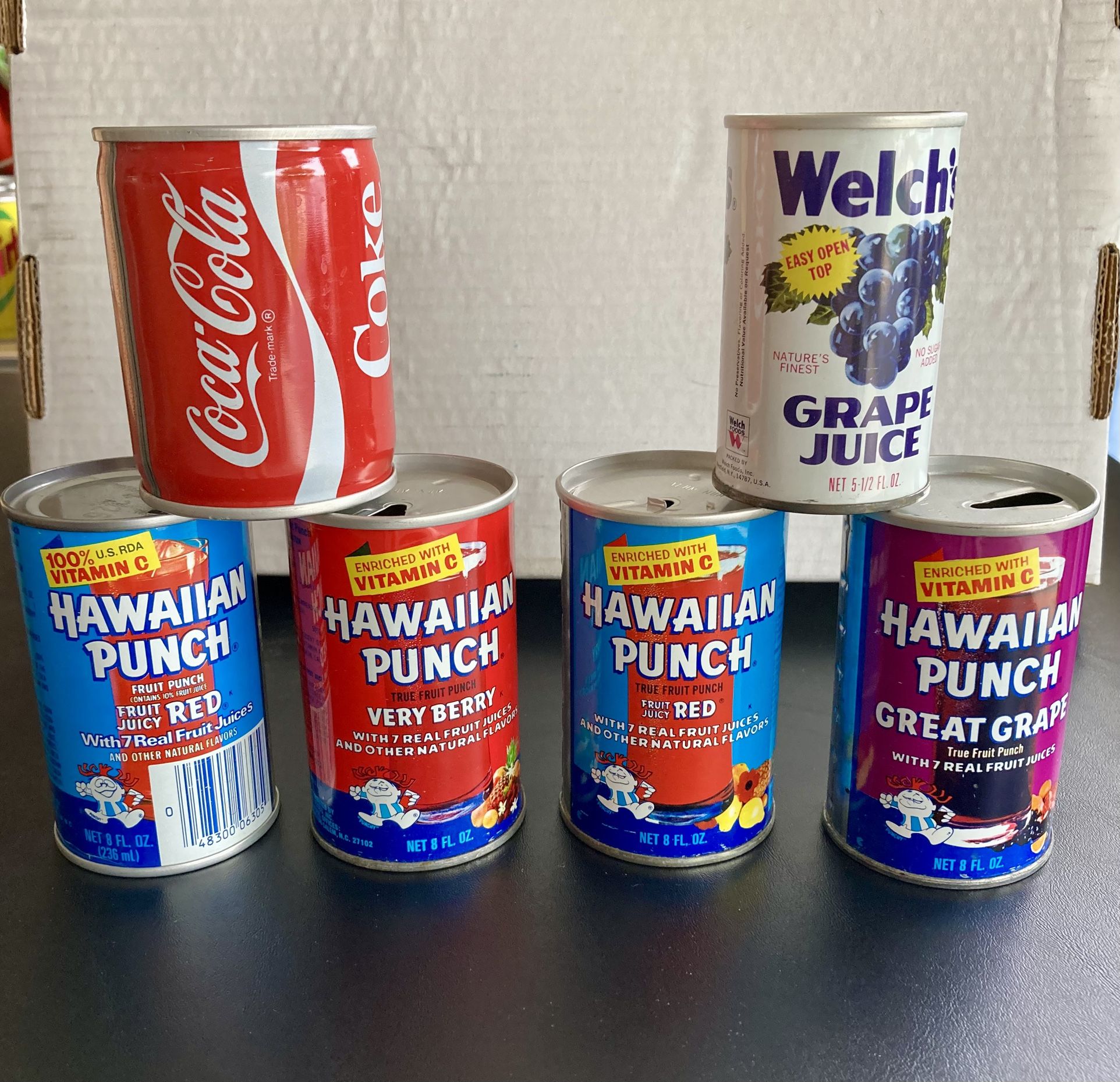 Vintage 1970’s 5 Oz And 8 Oz Hawaiian Punch, Coca Cola And Welch Brand Soda Pop Cans.