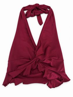 Burgundy Satin Halter Top with Ruffle Hem