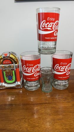 Coca-Cola Bundle: (3) Thick Glass  8 Oz. Glasses, Salt & Pepper Shaker & Mini Glass