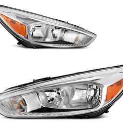AUTOSAVER88 Headlight Assembly Compatible with 2015-2018 Ford Focus Headlamp Replacement Chrome Housing Amber Reflector - Pair Set   