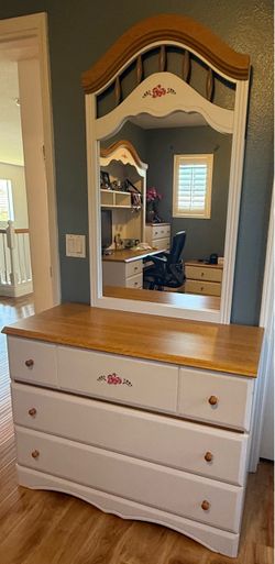 White Dresser with Mirror and Floral Detail