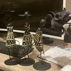 Wrought Iron wood Pillar Candle Holders African women statue black & white