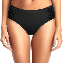 Tempt Me Women Black Bikini Bottoms Mid Waist Ruched Bathing Suit Swimsuit Full