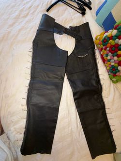 Black Leather Motorcycle Chaps with Rhinestones