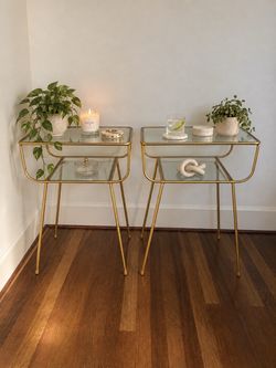 Bedside Tables, Night Stands, Side Tables - Mid Century Accent Modern Gold with Tempered Glass Top (