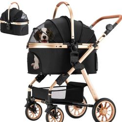 Pet Stroller 3 in 1 Folding Lightweight Dog Stroller with Detachable Carrier & Storage Basket, Premium 4 Wheels Travel Stroller for Puppies, Doggies, 