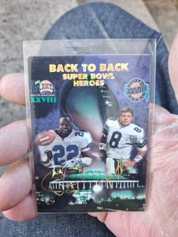 Vintage 90s Dallas Cowboys "Back to Back Super Bowl Heroes" Promo Card #91 with Emmit Smith and Troy Aikman. Near Mint. Signatures are stamped in gold