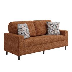 Square Arm Fabric Sofa In Terra Cotta Red With 2 Throw Pillows
