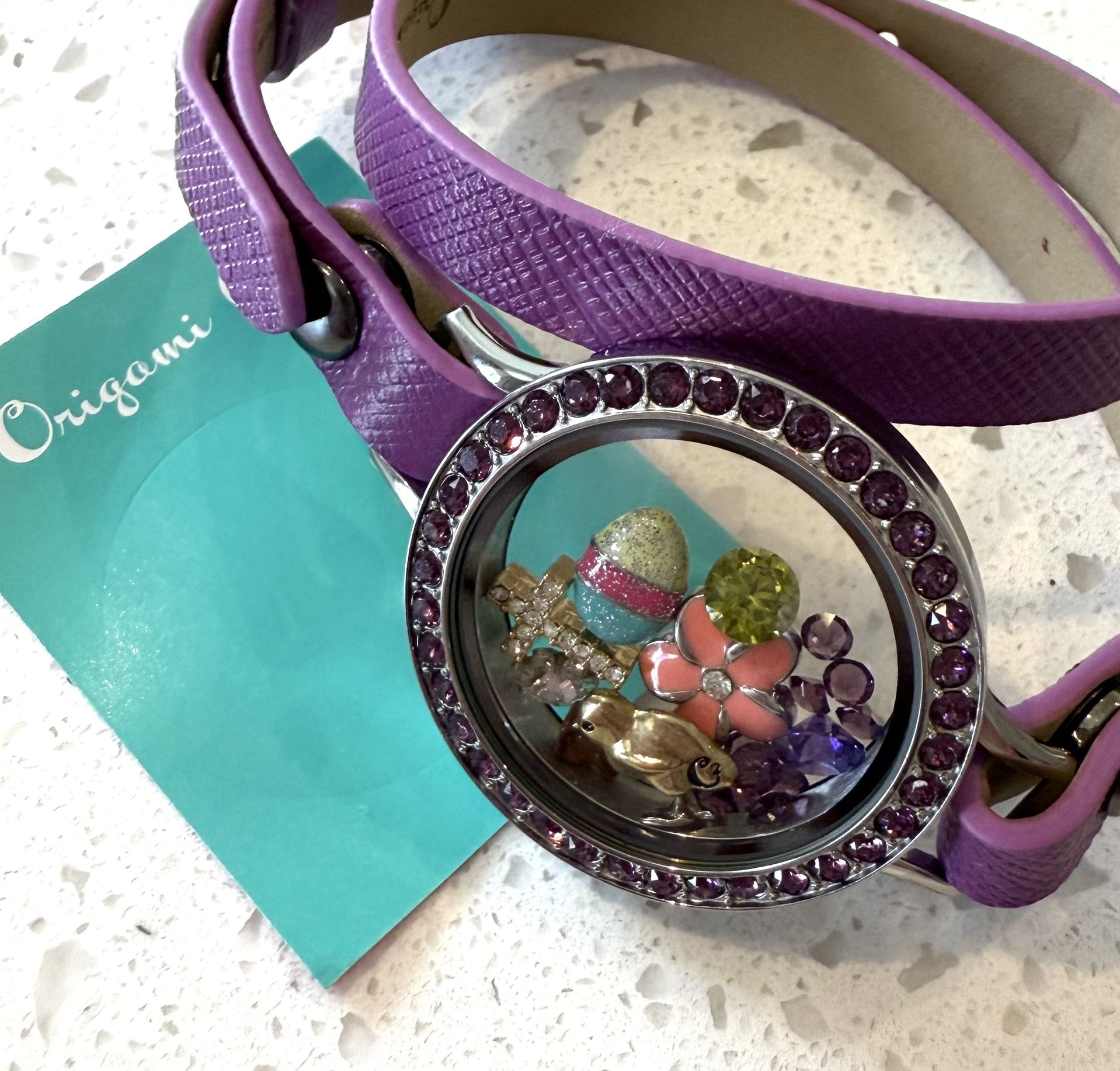 NEW Origami Owl Pastel Leather Wrap Bracelet Easter Cross Rhinestone Jewelry. 16 floating charms. Locket opens. Purple pink adjustable bracelet chick