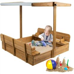 Kids Sand Box - Wooden Outdoor Rotatable Canopy Brown