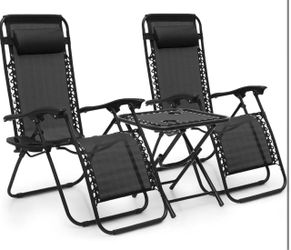 Table and Patio Chairs Set of 3, Outdoor Adjustable Zero Gravity Folding Breathable Mesh Reclining Lounge Chairs with Pillow and Side Tray, 330lbs Cap