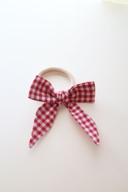 Gingham Red White Bow Hair Tie