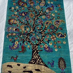 3x5 ft Handmade Authentic Chubi Rug, Teal Blue with Picture of Tree, 100% Wool, Natural Dyes, for Living Room, Dining Room, and Bedroom