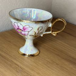 Vintage Iridescent Lusterware Pedestal Teacup • Floral & Gold Trim