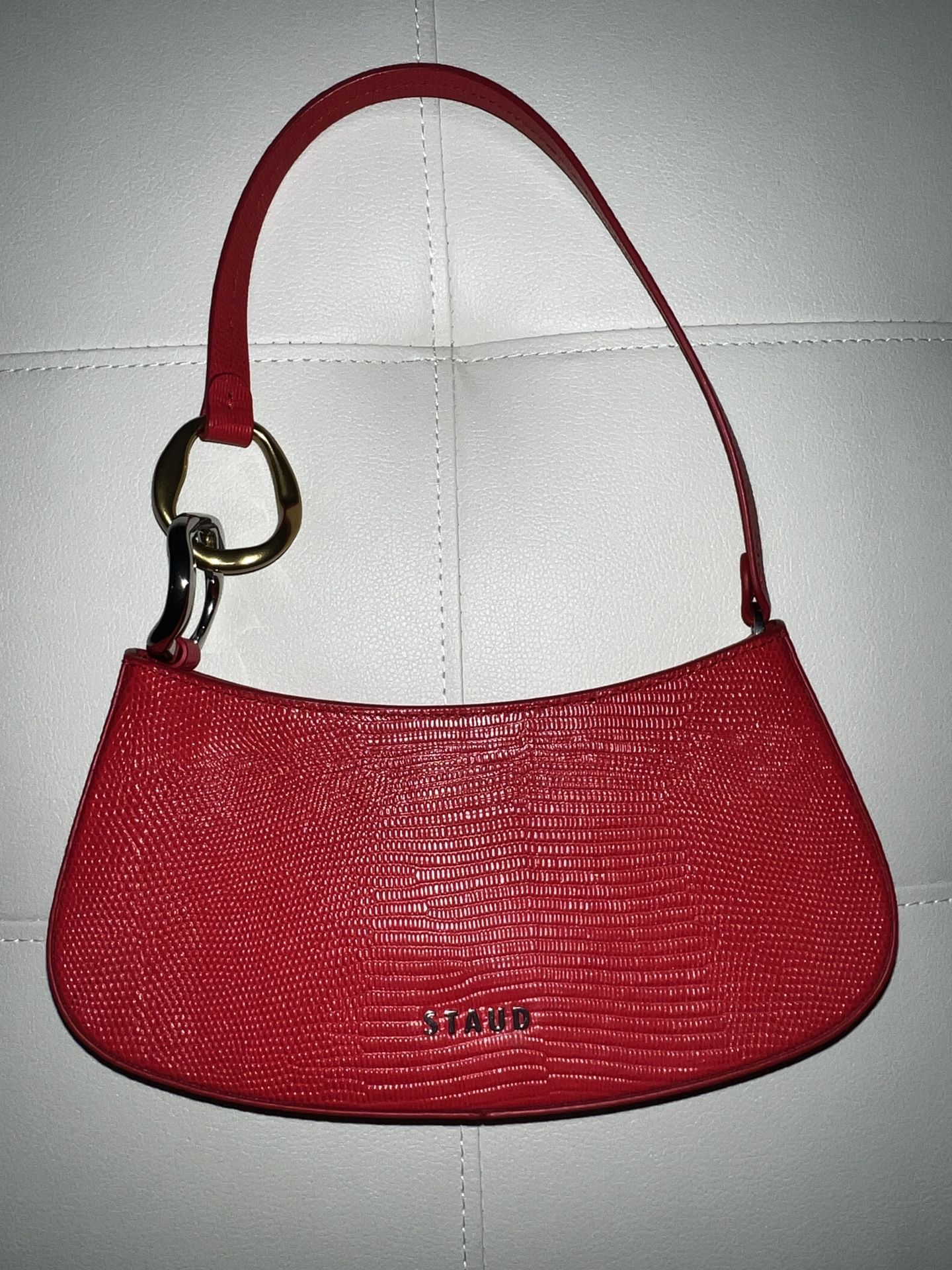 Staud Red Rose Ollie Bag/Purse With Snake Embossed Leather Texture