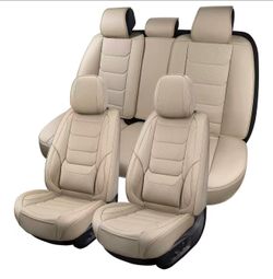 Beige Leather Car Seat Covers Full Set Breathable Seat Protectors Waterproof Automotive Seat Covers Universal Fit for Most Cars SUVs Trucks Vehicles