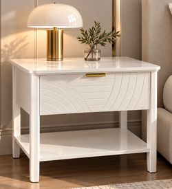 White Nightstand with Drawer and Shelf