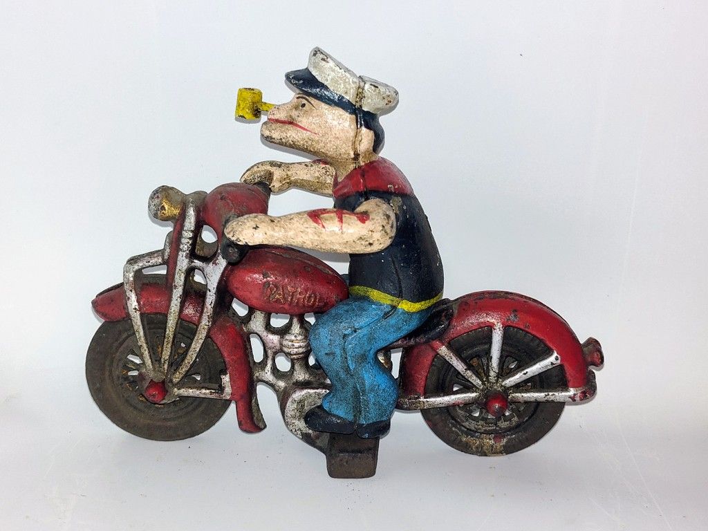 Rare Vintage Cast Iron Hubley Motorcycle Action Figure Toy Popeye The Sailor Man Red Hurley Davidson Patrol Style Rider Bike From The 1990's